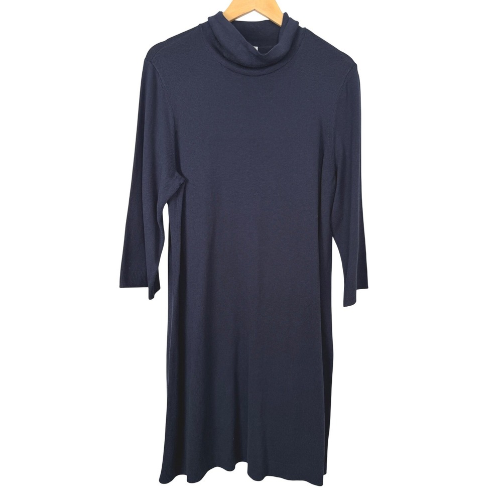 J. Jill Navy Blue Mock Neck Knit Dress Size L 138471 Cotton Blend 3/4 Sleeve NEW